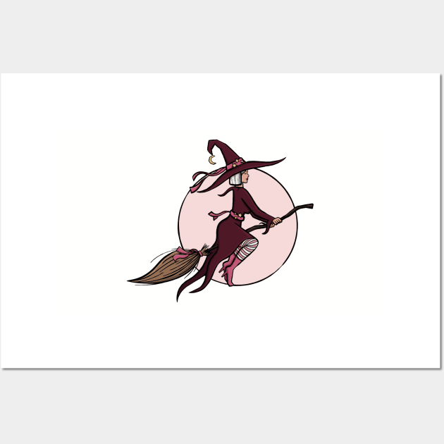 Pink Flying Witch Digital Illustration Wall Art by AlmightyClaire